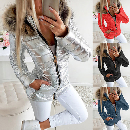 Abrigo Slim Ajustado con Cuello de Piel Brillante para Mujer