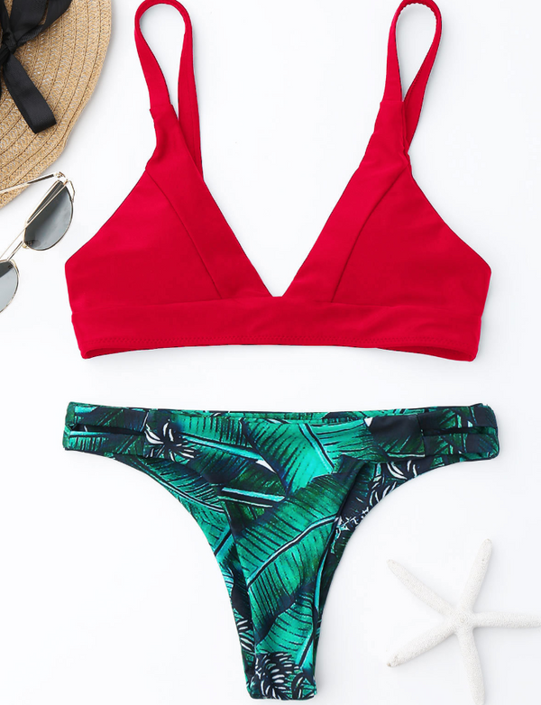 Bikini Reversible con Estampado de Hojas Doble Cara