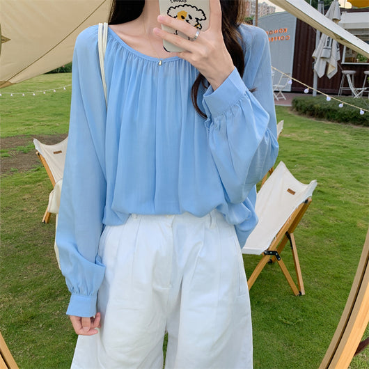 Blusa Suelta de Chifón Manga Larga con Cordones Delantero y Trasero - Image 13