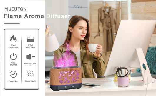 Wood grain humidifier with snowflake pattern, emitting blue flame-like mist, shown with remote control and other color options. - Image 17