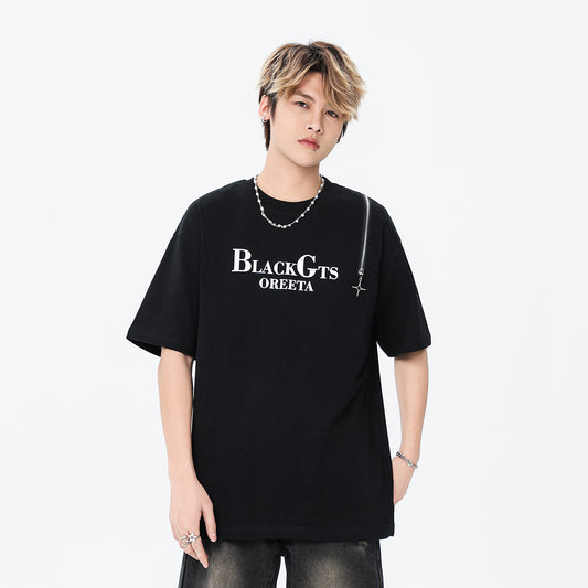 Camiseta Casual para Hombre con Cuello Redondo y Cierre, Estampado de Letras - Image 2