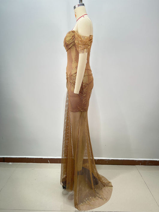Vestido Largo Dorado Elegante Escote Descubierto Espalda Abierta Ajustado - Image 9