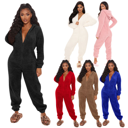 Pijama Enterizo Cálido con Capucha y Orejas - Felpa Suave de Color Liso