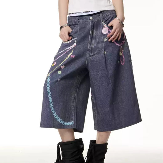 Jeans Cortos Estampado Cadena Retro para Mujer - Image 3