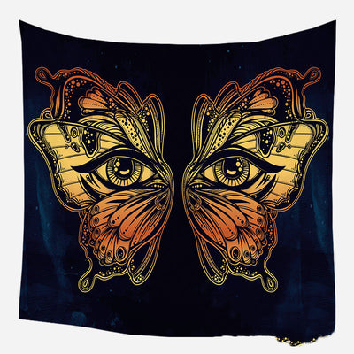 Golden crescent moon and woman silhouette tapestry with a floral crown against a dark blue starry background. - Image 24