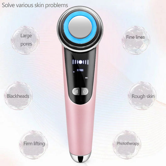 White facial massage importer with red and blue LED light ring, two 'POLYPEPTIDE' facial mask boxes, and a pink cat ear headband. - Image 3