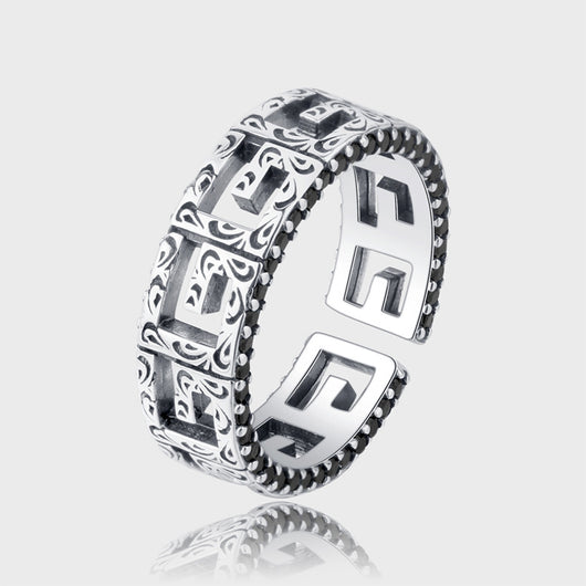 Anillo de Plata 925 Patrón Cuadrado Hueco Borde Diamantado Edición Angosta