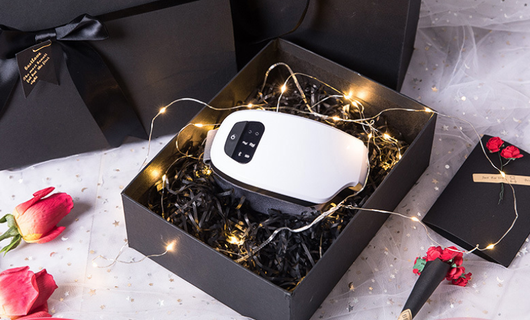 White Bluetooth music eye massager with control panel, air pressure, and hot compress functions in a gift box. - Image 11