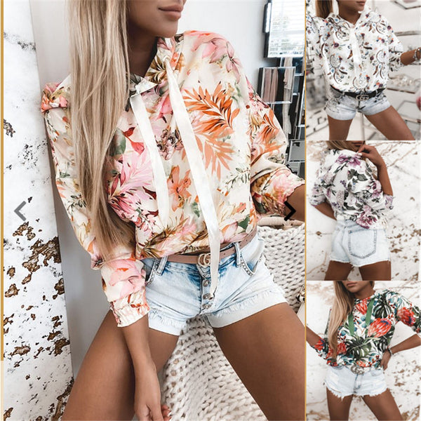 Sudadera con Capucha Estampado Floral Europeo Americano