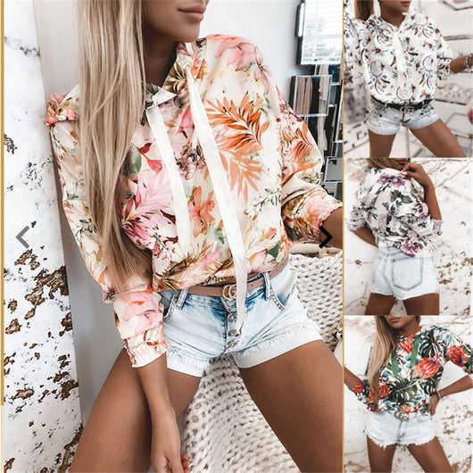 Sudadera con Capucha Estampado Floral Europeo Americano