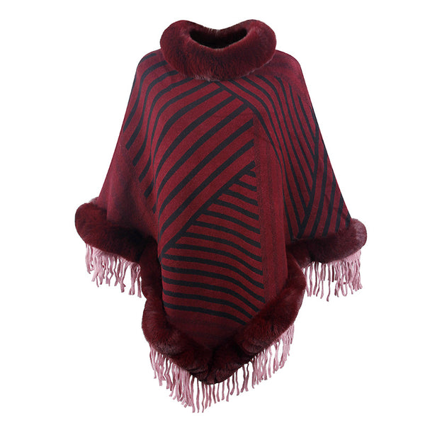 Poncho Tejido con Cuello de Piel y Borlas para Mujer - Image 3