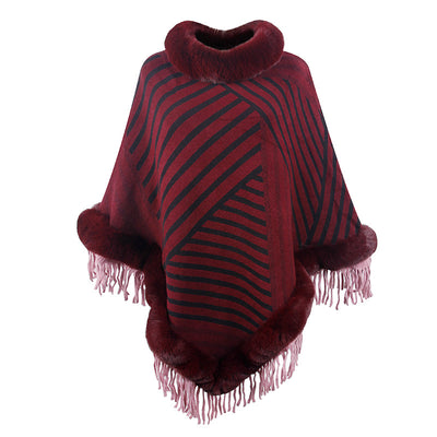 Poncho Tejido con Cuello de Piel y Borlas para Mujer - Image 3