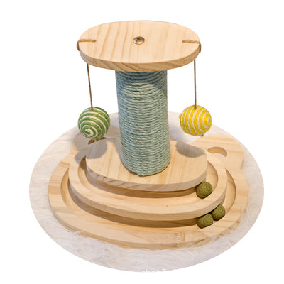 White cat playing with a wooden multi-level track toy featuring a spring-mounted yellow feather ball and a green catnip ball. - Image 12