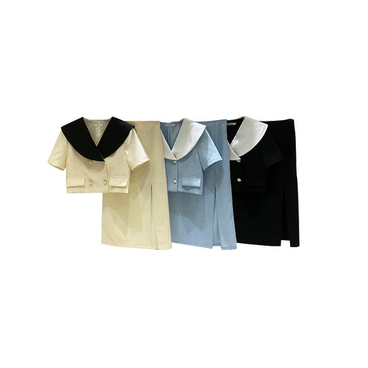 Traje de Solapa Ancha con Patchwork Contrastado y Cintura Alta - Image 8
