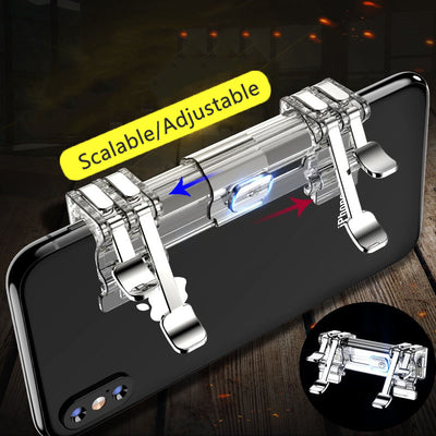 Transparent six-finger telescopic gaming trigger attached to a smartphone displaying a battle royale game. - Image 5