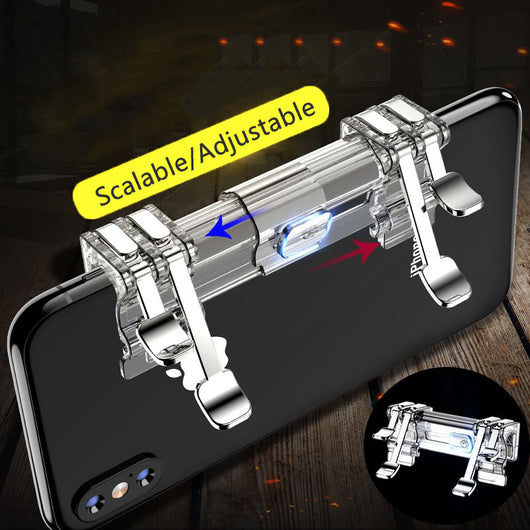 Transparent six-finger telescopic gaming trigger attached to a smartphone displaying a battle royale game. - Image 5