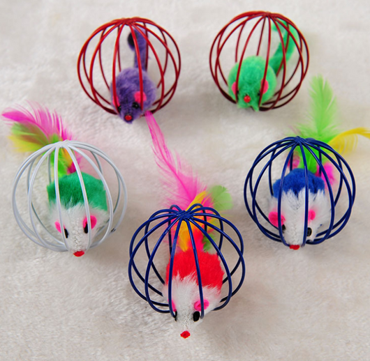 Four colorful wire cage mouse cat toys in green, white, blue, and red, designed for interactive pet play. - Image 9