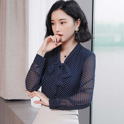 Blusa Elegante de Manga Larga con Cuello de Pie y Moño