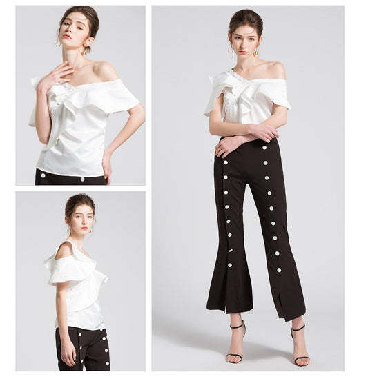 Blusa Elegante con Volantes y Cuello Diagonal