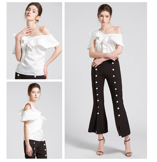Blusa Elegante con Volantes y Cuello Diagonal