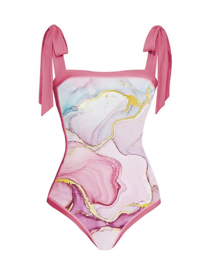 One-piece swimsuit with purple tie-shoulder straps, square neckline, and a teal butterfly and floral print. - Image 6