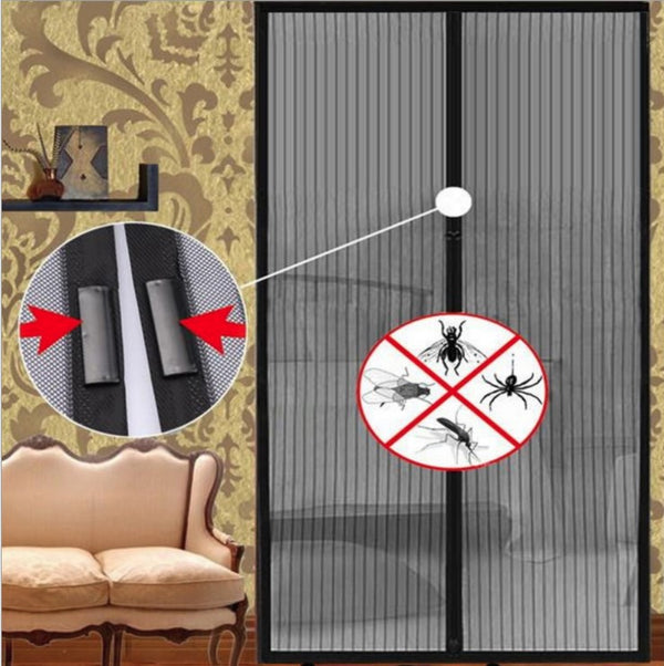 Black anti-mosquito curtain made of polyester fiber, folded with adhesive strips for easy installation.