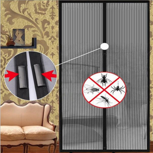 Black anti-mosquito curtain made of polyester fiber, folded with adhesive strips for easy installation.