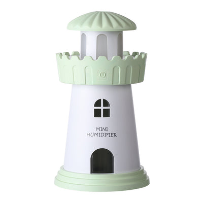 Blue and white lighthouse-shaped mini humidifier with a power button, decorative windows, and a door. - Image 5