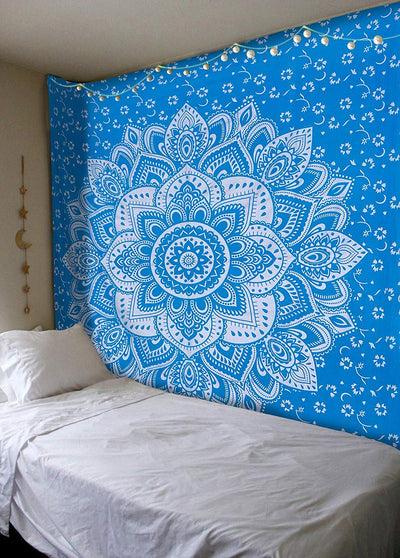Navy blue tapestry with a large gold mandala pattern and smaller gold floral designs, made of polyester. - Image 8
