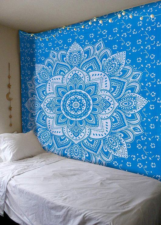 Navy blue tapestry with a large gold mandala pattern and smaller gold floral designs, made of polyester. - Image 8