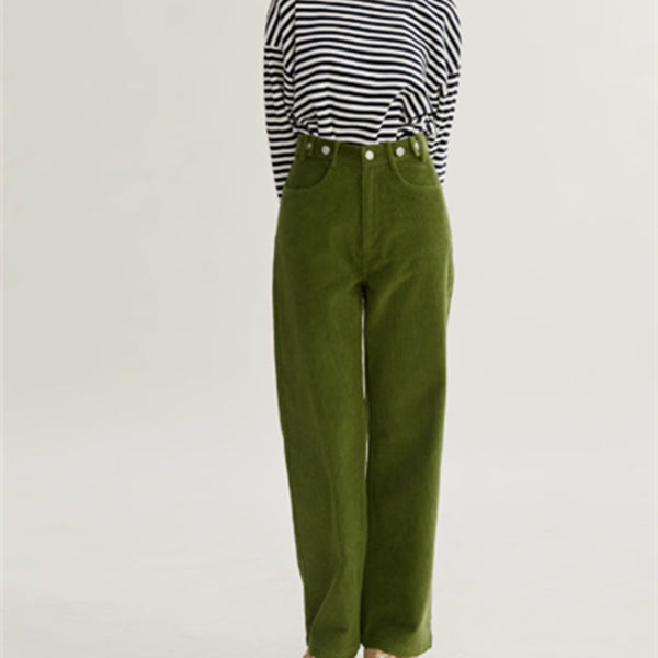 Pantalón Recto Verde Pana Cintura Alta Ajustado Multiuso