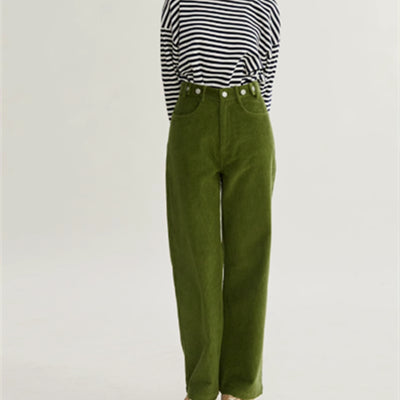Pantalón Recto Verde Pana Cintura Alta Ajustado Multiuso
