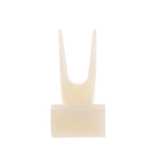 White plastic bird fruit fork clipped onto blue birdcage bars, designed to hold fruit or vegetables for pet birds. - Image 2