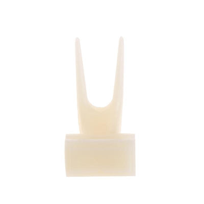 White plastic bird fruit fork clipped onto blue birdcage bars, designed to hold fruit or vegetables for pet birds. - Image 2