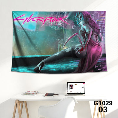 Cyberpunk 2077 tapestry featuring V and Jackie Welles with a neon-lit futuristic city skyline background. - Image 37