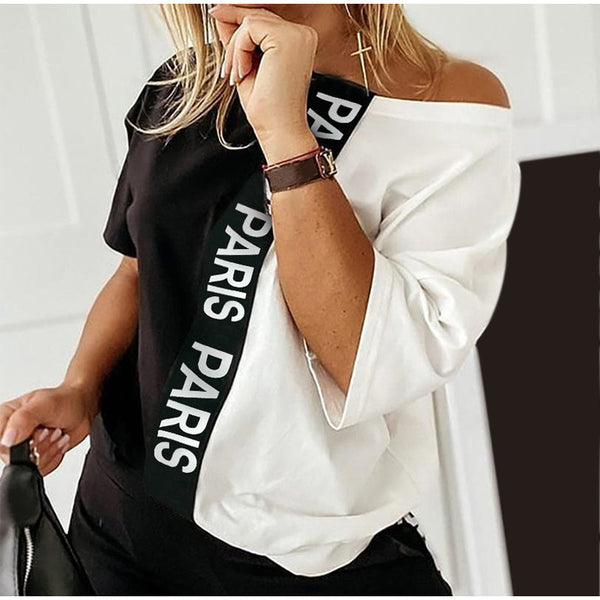 Traje Asimétrico con Estampado de Letras en Contraste Blanco y Negro