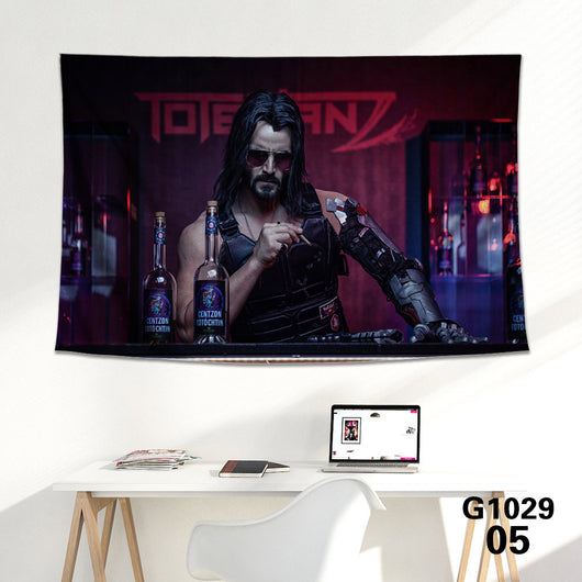 Cyberpunk 2077 tapestry featuring V and Jackie Welles with a neon-lit futuristic city skyline background. - Image 32