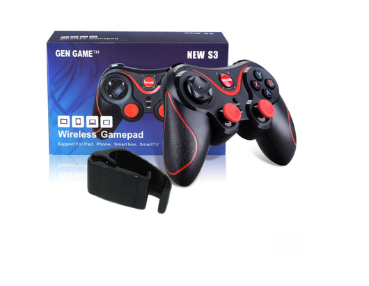 Black wireless Bluetooth gamepad with red accents, featuring a D-pad, analog sticks, and face buttons, shown with a detachable black smartphone clip. - Image 9