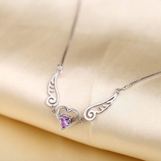 Collar Alas de Ángel con Corazón de Cristal Púrpura en Plata 925 - Image 2