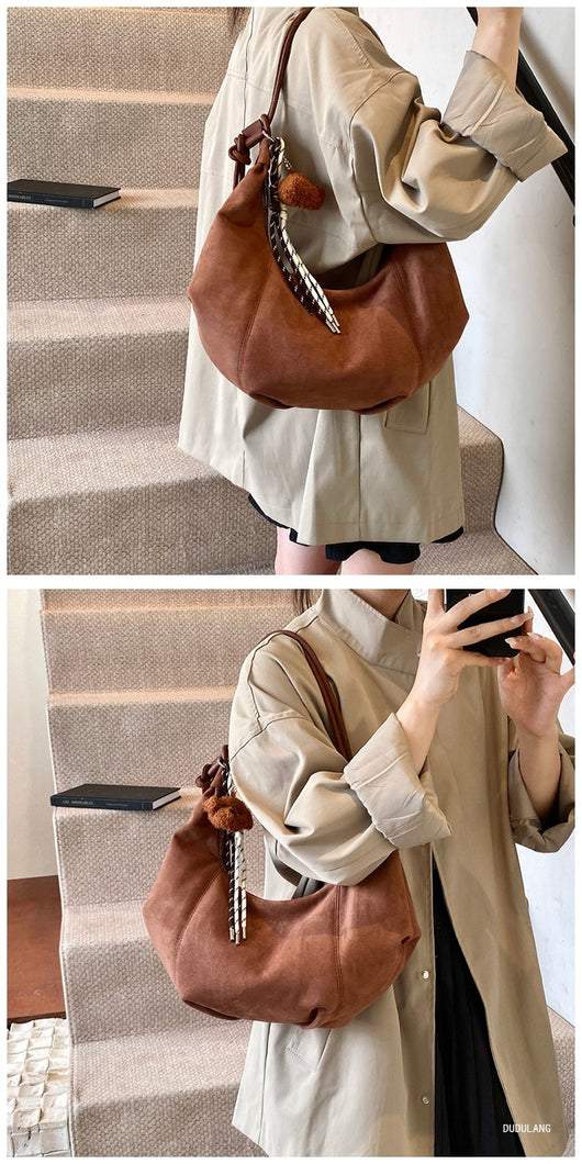 Bolso Bandolera Retro de Gamuza y Forro Polar - Minimalista de Gran Capacidad - Image 7
