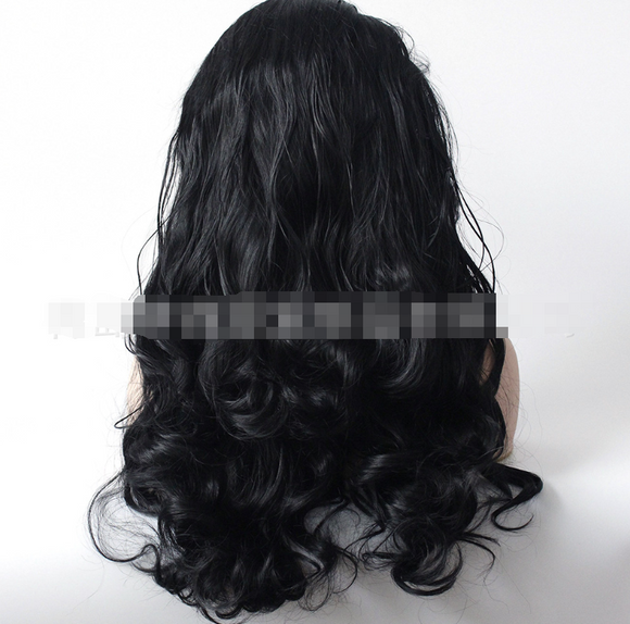 Peluca Ondulada Negra de Encaje Frontal - Fibra Sintética Premium Estilo Europeo