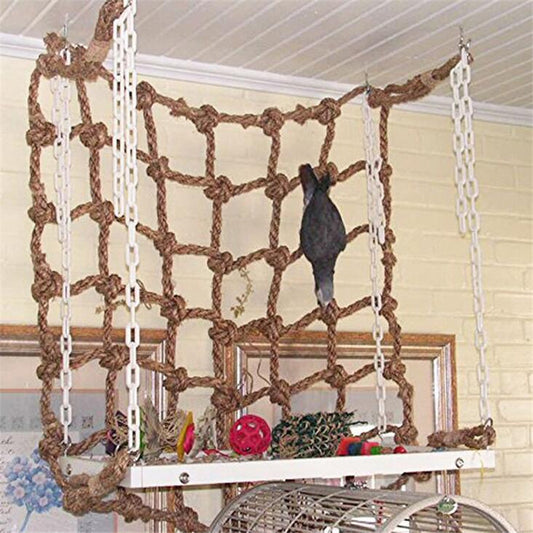 Natural hemp rope climbing net for birds, featuring a square grid pattern with knotted intersections.