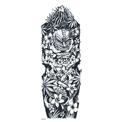 Full arm temporary tattoo sticker with a black, red, and light blue tribal design, featuring abstract shapes and patterns. - Image 38