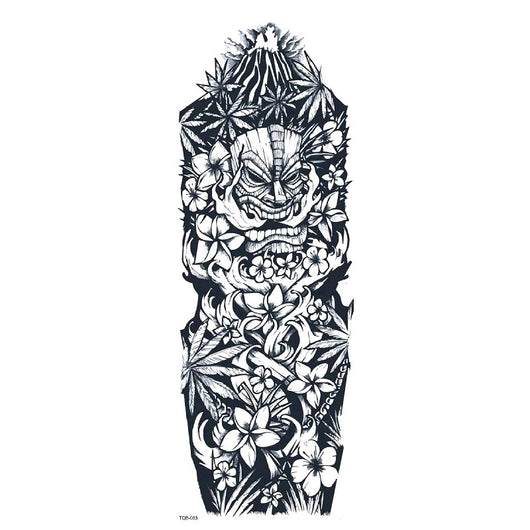 Full arm temporary tattoo sticker with a black, red, and light blue tribal design, featuring abstract shapes and patterns. - Image 38