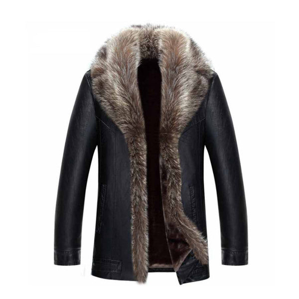 Chaqueta de Cuero Casual para Hombre con Cuello de Piel