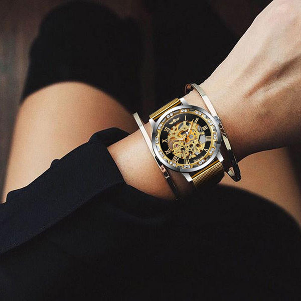Reloj Mecánico con Correa Hueca de Diamantes de Imitación