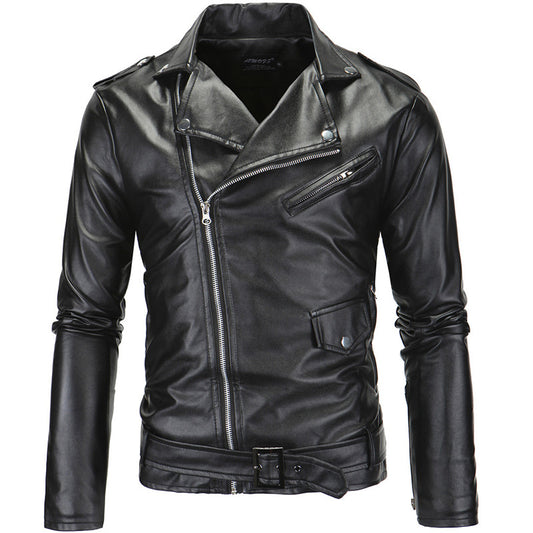 Chaqueta de Cuero Slim con Cremallera Diagonal y Solapa