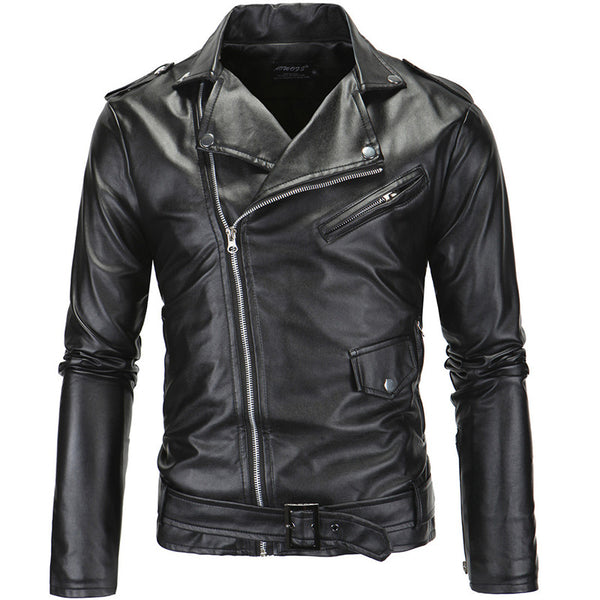 Chaqueta de Cuero Slim con Cremallera Diagonal y Solapa