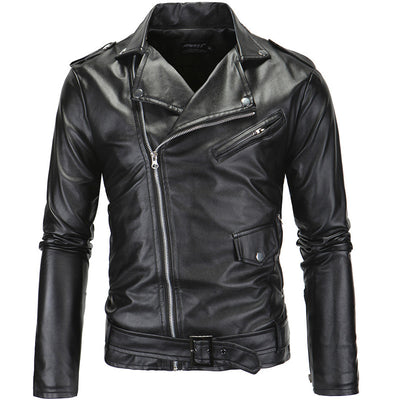Chaqueta de Cuero Slim con Cremallera Diagonal y Solapa