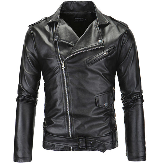 Chaqueta de Cuero Slim con Cremallera Diagonal y Solapa